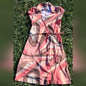 Mandee Swirl Pattern Pink and Brown Midi Dress